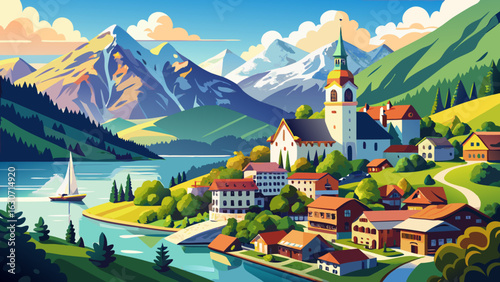 Clear alpine lake reflects Salzburg’s summer skies. Zell am See sparkles below snow-tipped peaks. Wildflowers bloom near winding trails. Wooden chalets nestle peacefully among pine-covered hills and v
