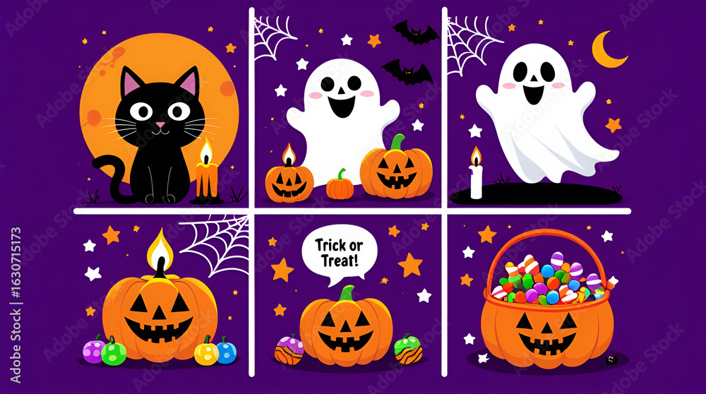 Fototapeta premium Halloween black cat ghosts pumpkins candy moon image