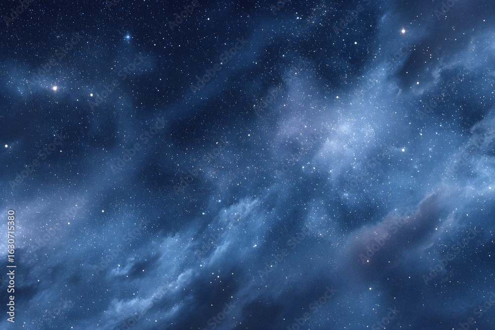 Fototapeta premium Starry sky background, blue night sky full of stars, glowing stars in the dark space, starry background, dark night, stars in the distance, starlight, dark background with a blue glow, night sky. 