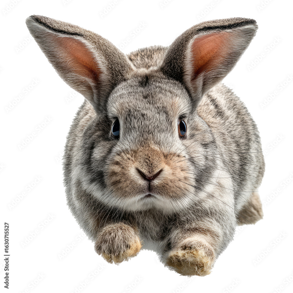 Obraz premium Cute Gray Rabbit Isolated on Transparent Background in Action Pose