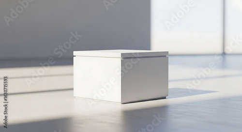 Minimalist white cube pedestal bathed in soft sunlight casting long shadows on a bright clean studio floor
