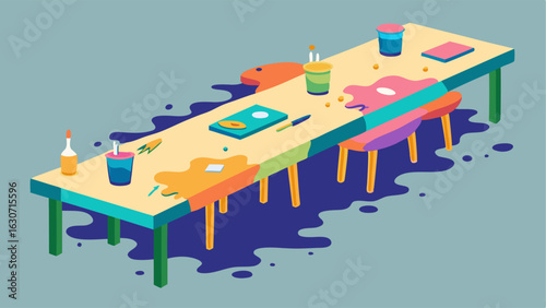 A long communal table with stools covered in paint splatters and surrounded by various art supplies.