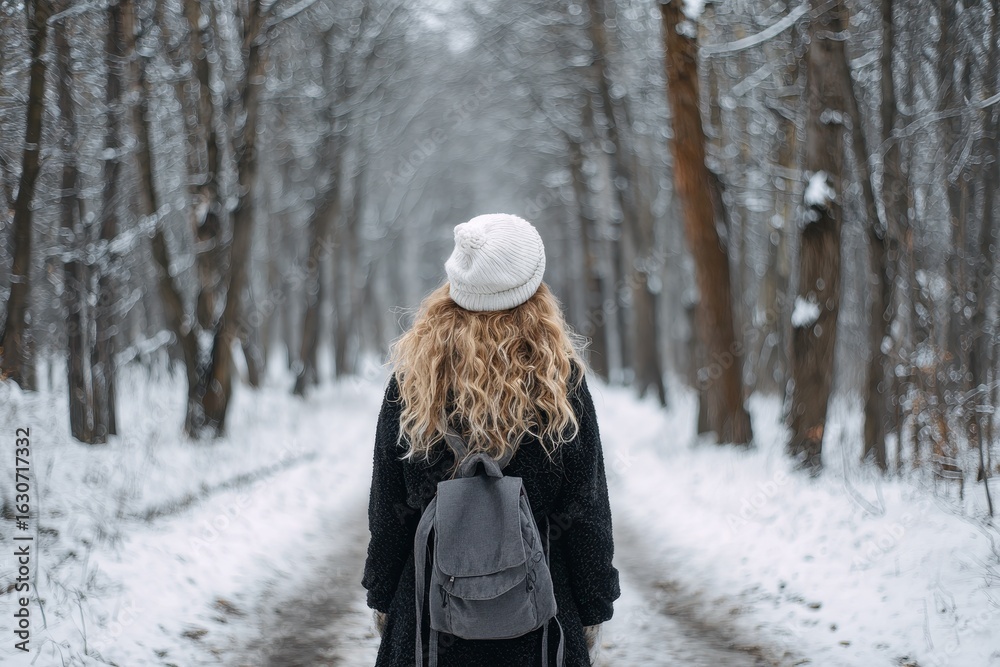 Fototapeta premium A girl with curly blonde hair in a long dark coat and white hat strolls through a snowy forest park carrying a backpack
