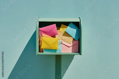 modern mailbox overflowing with variety of colorful correspondence placed against clean pastel background