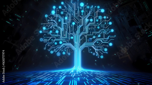 futuristic glowing digital tree. The tree is designed with neon blue circuitry lines, resembling electronic circuits and microchips.