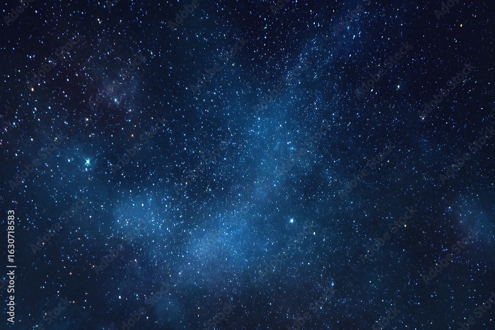 Obraz premium Starry sky background, blue night sky full of stars, glowing stars in the dark space, starry background, dark night, stars in the distance, starlight, dark background with a blue glow, night sky. 