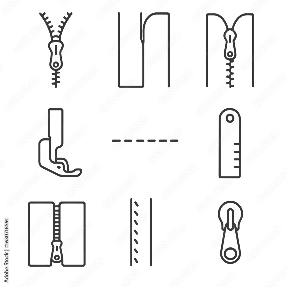 Fototapeta premium Zipper Installation Icons. Line style icons of Zipper Installation: centered zipper, lapped zipper, invisible zipper, zipper foot,