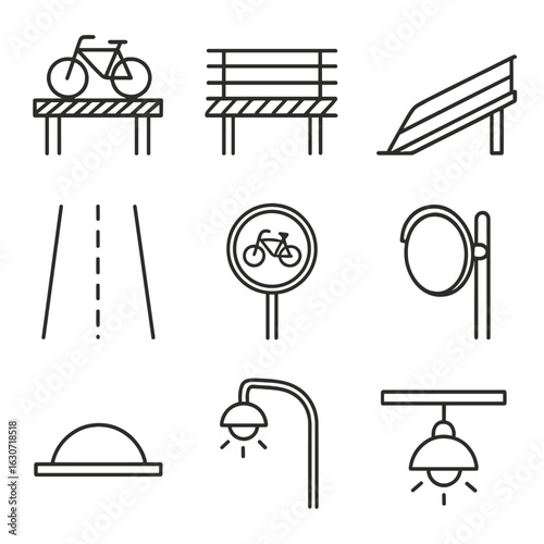 Cycle Bridge Icons. Line style icons of Cycle Bridges: bike lane deck, anti-slip surface, cable railing, ramp approach, lane