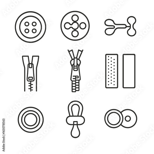 Fasteners & Closures Icons. Line style icons of Fasteners & Closures: shirt button, snap fastener, hook and eye, invisible zipper,