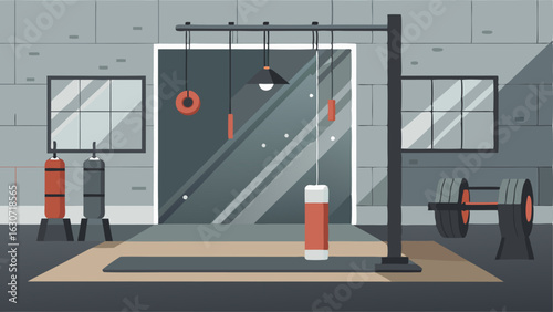A home gym with concrete floors exposed pipes and a mirrored wall with a punching bag hanging from it.