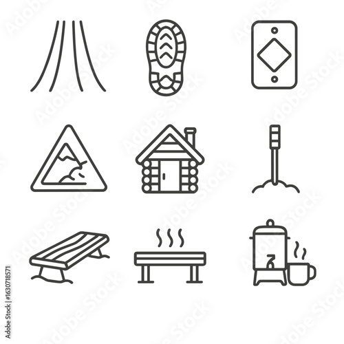 Winter Trail Icons. Line style icons of Snowy Winter Trails: groomed ski track, snowshoe print, trail blaze reflector, avalanche