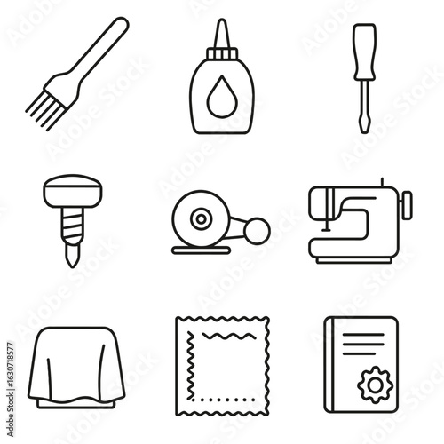 Sewing Machine Toolkit Icons. Line style icons of Sewing Machine Maintenance: lint brush, machine oil, screwdriver, needle plate
