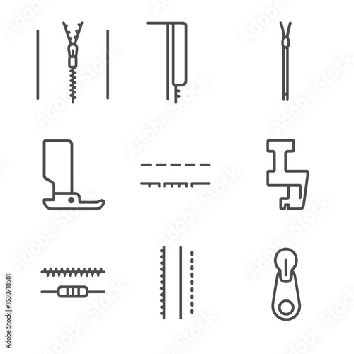 Zipper Installation Icons. Line style icons of Zipper Installation: centered zipper, lapped zipper, invisible zipper, zipper foot,