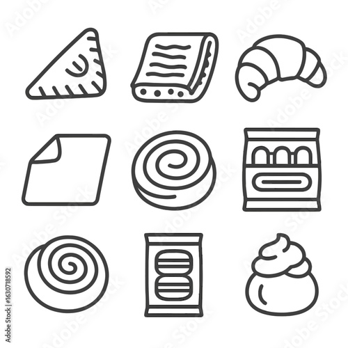 Frozen Pastries Icons. Line style icons of Frozen Pastries: apple turnover, cherry strudel, chocolate croissant, puff pastry sheet