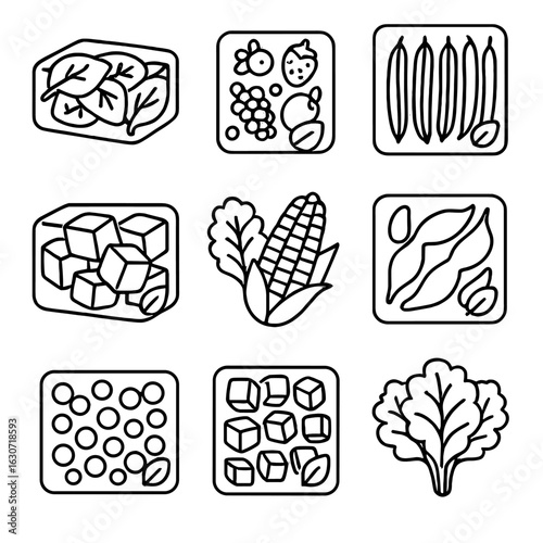Frozen Organic Produce Icons. Line style icons of Frozen Organic Produce: organic spinach brick, organic berry mix, organic green