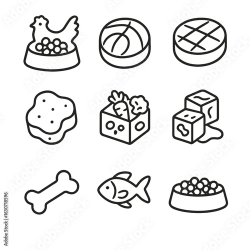 Frozen Pet Food Icons. Line style icons of Frozen Pet Food: chicken kibble, salmon patty, beef medallion, turkey nugget, veggie