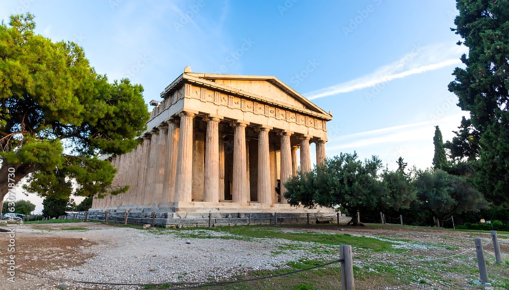 Fototapeta premium Ancient Greek temple, sunlight, columns, trees
