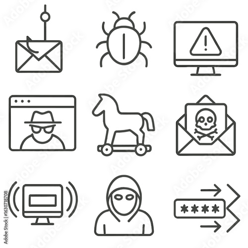 Cyber Threat Icons. Line style icons of threats and cyber attacks: phishing hook with email, bug virus icon, ransomware alert,
