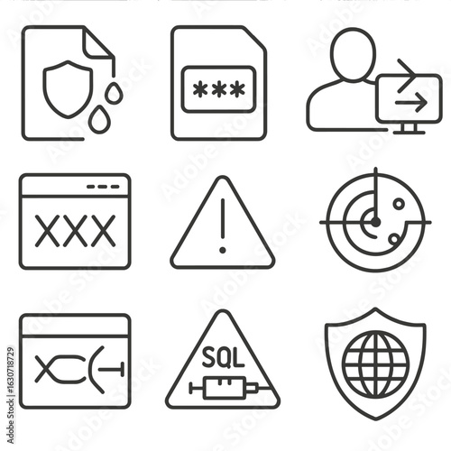 Cybersecurity Threat Icons. Line style icons of breach and attack types: data leak icon, password dump file, insider threat