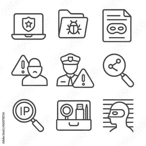 Cybercrime Investigation Icons. Line style icons of cybercrime and investigation: police and laptop icon, digital crime file,