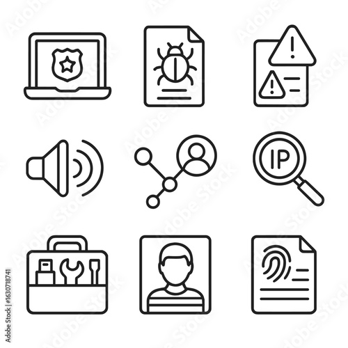 Cybercrime Investigation Icons. Line style icons of cybercrime and investigation: police and laptop icon, digital crime file,
