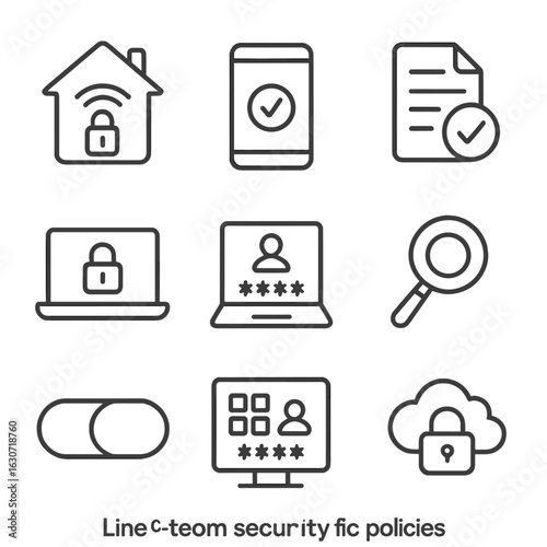 Remote Work Security Icons. Line style icons of remote team security policies: home office network security, approved device icon,