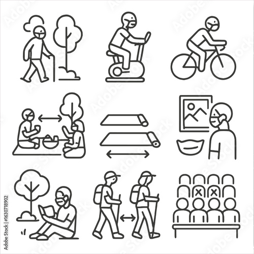 Safe Leisure Icons. Line style icons of safe recreation and leisure: masked walker in park, gym user with mask, cyclist with mask
