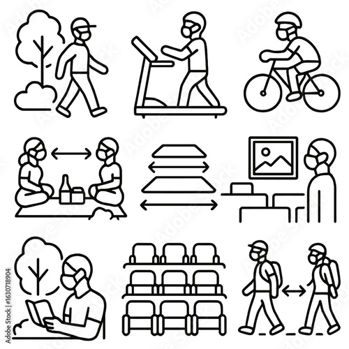Safe Leisure Icons. Line style icons of safe recreation and leisure: masked walker in park, gym user with mask, cyclist with mask