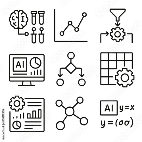 AI Lab Icons. Line style icons of AI and machine learning in labs: algorithm icon with test tubes, prediction graph for results,
