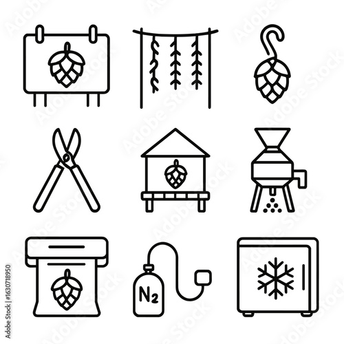 Craft Beer Icons. Outline style icons of Craft beer: hop farm sign, trellis cable, hop bine hook, hop harvesting scissor, drying