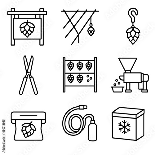 Craft Beer Icons. Outline style icons of Craft beer: hop farm sign, trellis cable, hop bine hook, hop harvesting scissor, drying