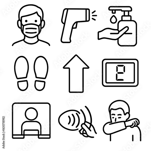 Pandemic Safety Icons. Outline style icons of Public signage: pandemic mask required, temperature check gun, hand sanitizer pump,