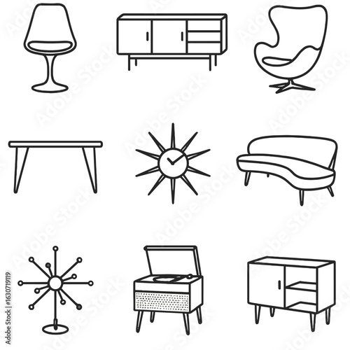 Mid-Century Furniture Icons. Line style icons of Mid-Century Modern Furniture: tulip chair, teak credenza, egg chair, hairpin leg