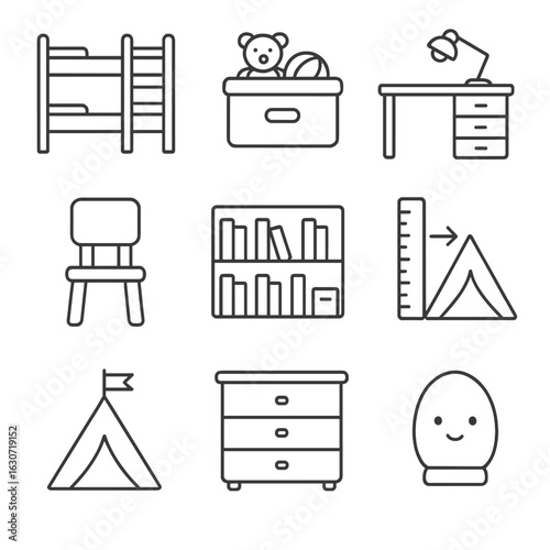 Children's Room Icons. Line style icons of Children’s Room Furniture: bunk bed, toy chest, study desk, kid chair, book cubby,