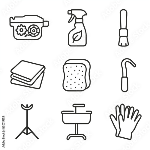 Cleaning Supplies Icons. Line style icons of Cleaning and Degreasing Supplies: chain scrubber box, citrus degreaser bottle,