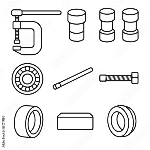 Bearing Tool Icons. Line style icons of Bearing Press Tools: headset press handle, bottom bracket drifts, pivot bearing drifts,