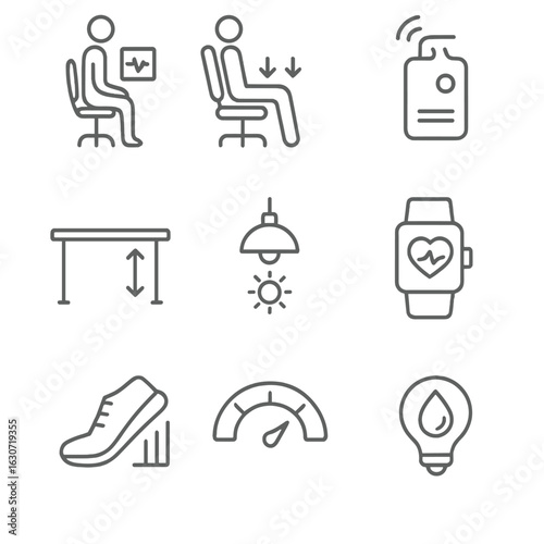 Workstation Sensor Icons. Line style icons of Workstation Health Sensors: posture sensor, seat pressure sensor, air quality sensor