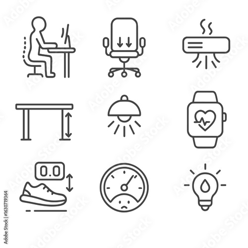 Workstation Sensor Icons. Line style icons of Workstation Health Sensors: posture sensor, seat pressure sensor, air quality sensor