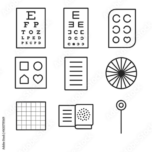 Vision Chart Icons. Line style icons of Vision Testing Charts: Snellen chart, tumbling E chart, Landolt C chart, Lea symbols chart