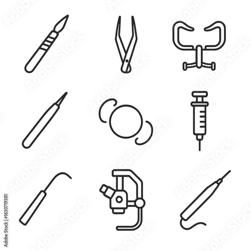 Ophthalmic Surgery Tools Icons. Line style icons of Ophthalmic Surgical Instruments: micro blade, forceps, speculum, cataract
