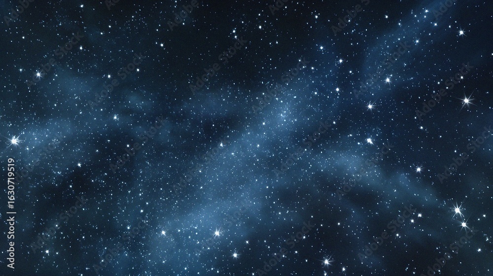 Obraz premium Starry sky background, blue night sky full of stars, glowing stars in the dark space, starry background, dark night, stars in the distance, starlight, dark background with a blue glow, night sky. 