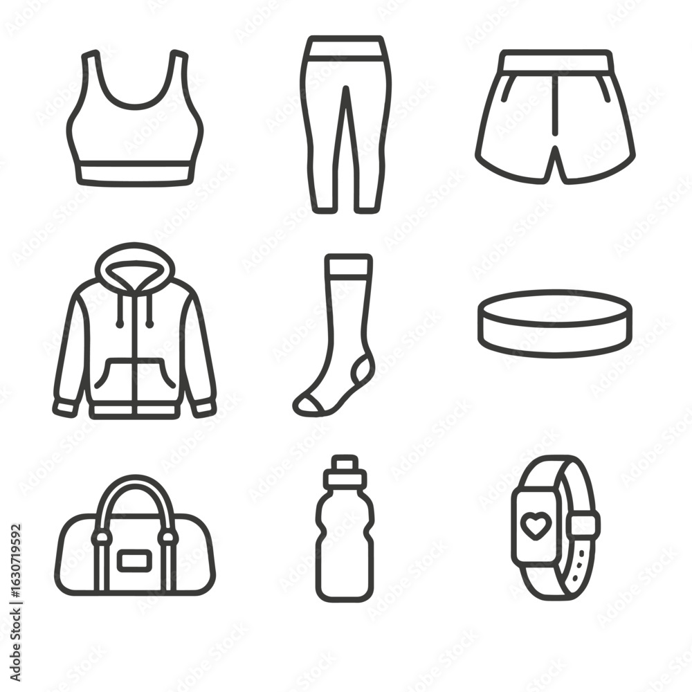 Fototapeta premium Activewear Line Icons. Line style icons of Activewear Wardrobe: sports bra, yoga legging, running short, hoodie jacket,