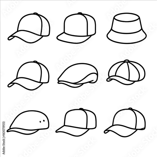 Casual Street Hats Icons. Line style icons of Casual Street Hats: baseball cap, snapback cap, bucket hat, dad cap, flat cap,