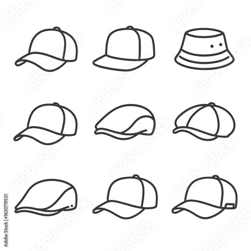 Casual Street Hats Icons. Line style icons of Casual Street Hats: baseball cap, snapback cap, bucket hat, dad cap, flat cap,