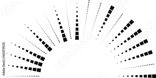 Semicircular composition of medium-length square rays surrounding a centered open space.