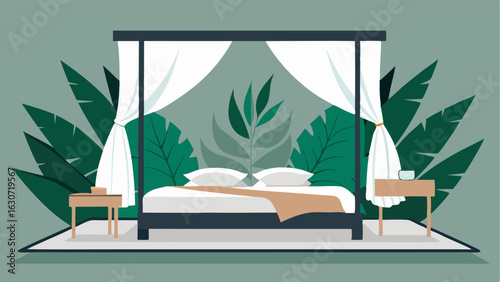 A minimalist bedroom with a tropical leaf print accent wall and a canopy bed draped with white curtains.