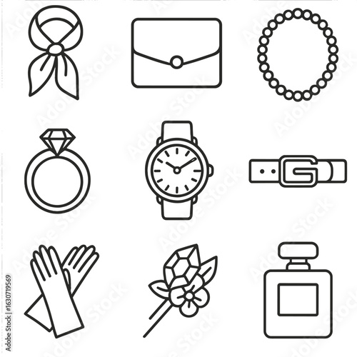 Luxury Fashion Icons. Line style icons of Luxury Fashion Accessories: silk scarf, leather wallet, pearl necklace, diamond ring,