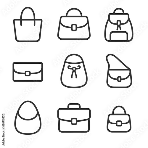Handbag Style Icons. Line style icons of Handbag Styles: tote bag, satchel, backpack purse, clutch bag, bucket bag, crossbody