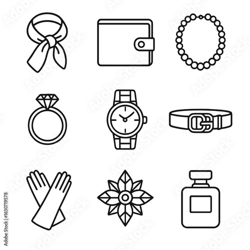 Luxury Fashion Icons. Line style icons of Luxury Fashion Accessories: silk scarf, leather wallet, pearl necklace, diamond ring,