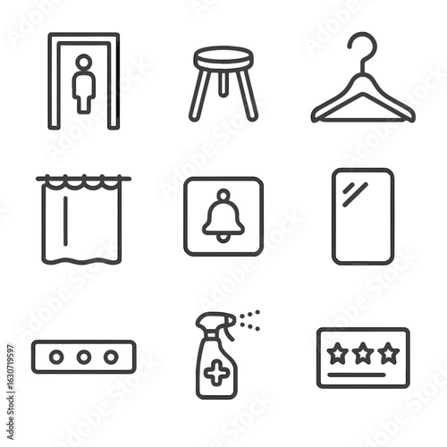 Fitting Room Icons. Line style icons of Fitting Room Essentials: fitting room door, stool seat, wall hook, privacy curtain, size